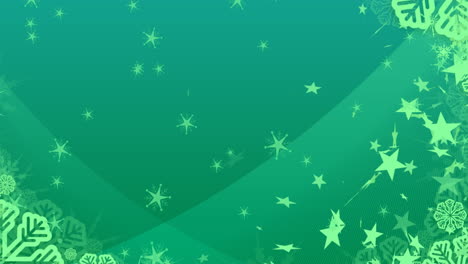 animation of snowflakes and stars falling against green gradient background with copy space