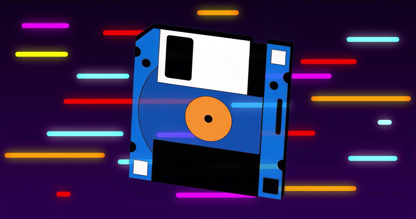 Ved indlæsning roterer diskette omkring sin akse, mens neonbjælker glider, visualiserer datalagring.