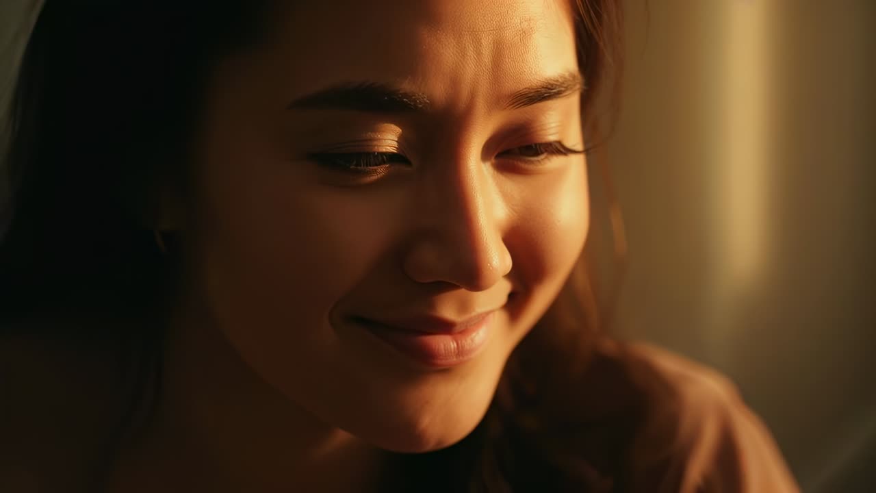 Smiling adult Asian woman leaning as warm light is catching face, recalling, wearing brown top