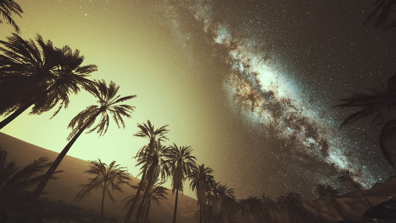 Starry night sky over palm trees in a tranquil desert landscape