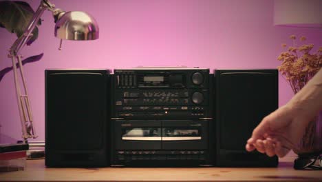 retro radio tape recorder, audio cassette close-up. listening to music, old radio boom box player, macro of vintage music listening. . high quality 4k footage