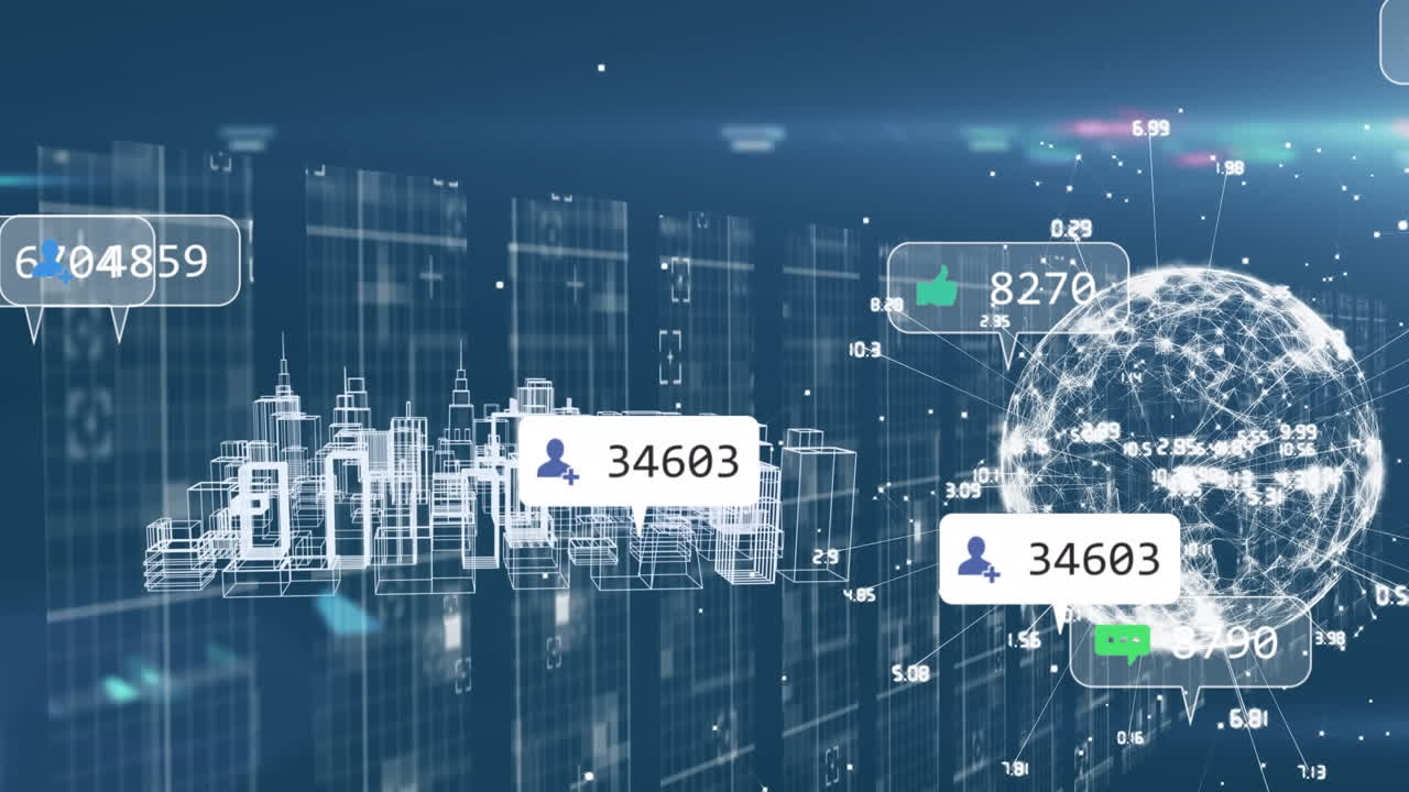 Animation of media icons and data processing over globe