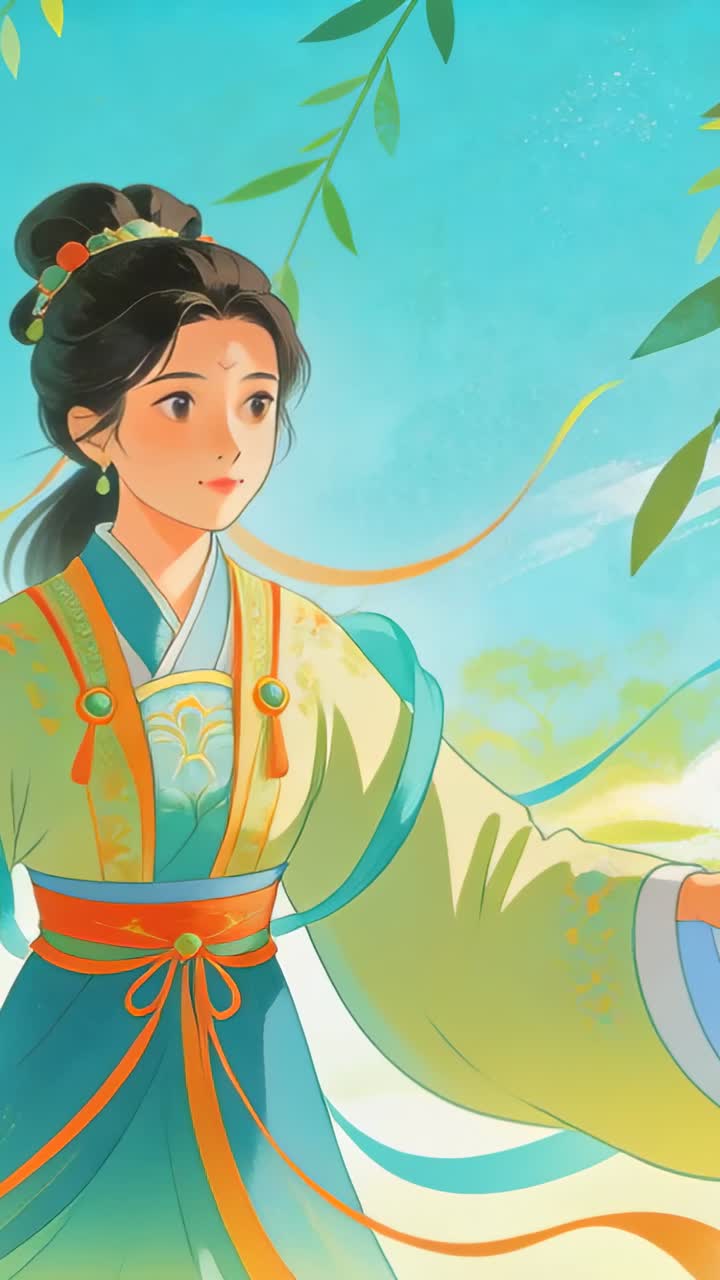 Video verticale: La brezza che rivela una donna in hanfu che si volta, allungando un braccio in un cielo color ottanio con nastri.