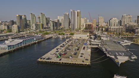 san diego california aerial v91 low flyover bay capturing historical uss midway museum, broadway pier, cruise ship terminal and waterfront downtown cityscape - shot with mavic 3 cine - september 2022