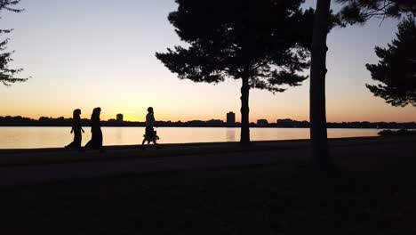 persons walking after sun set on the horizon