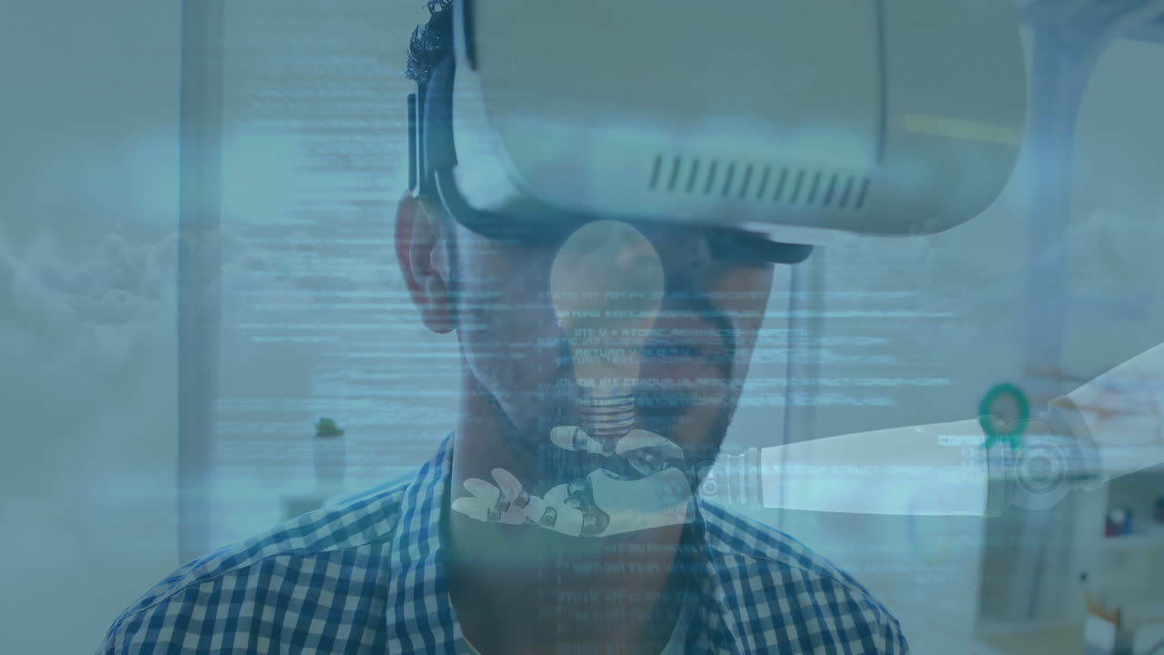 Digitalt sammensat video af databehandling over robotiske hænder mod en mand, der bruger VR-headset på kontoret