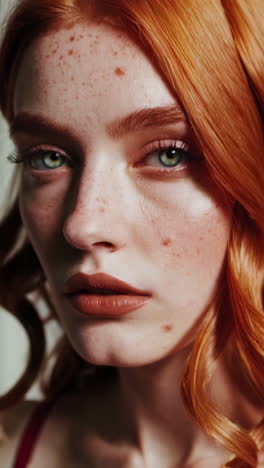 retrato en primer plano de una mujer con cabello rojo y pecas