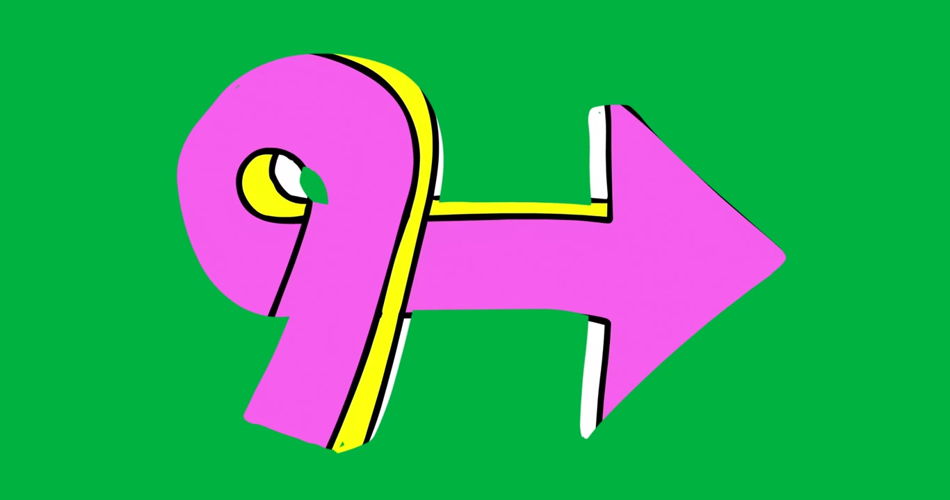 Pink loop extending right arrow shifting colors green to yellow back on transparent background