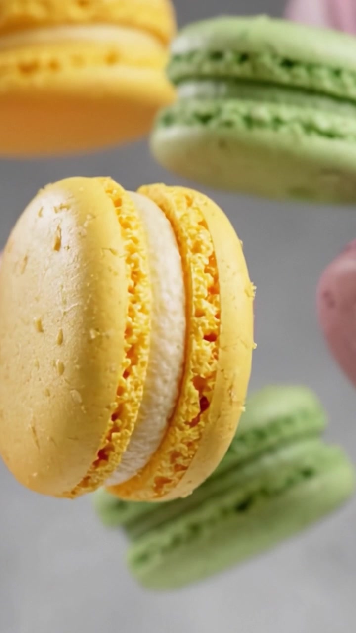 Colorful Macarons in Motion: A Delightful Display of Yellow, Green, and Pink Confections Captured in Mid-Air, Showcasing Their Vibrant Colors and Exquisite Texture.