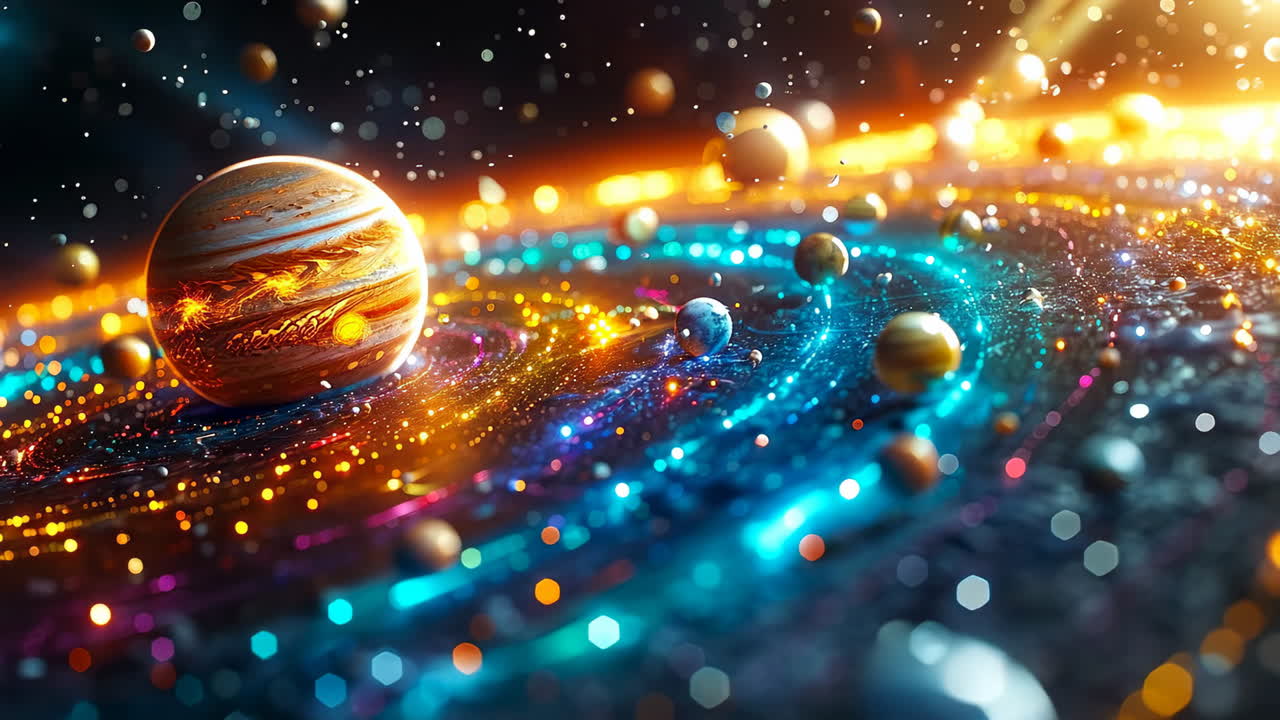 Discovering solar system wonders. A vibrant depiction of celestial bodies and planets with swirling colors, showcasing the beauty of the universe