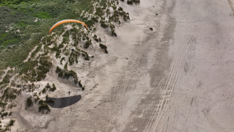 paraglider sailing over dutch beach sand dunes casting shadow