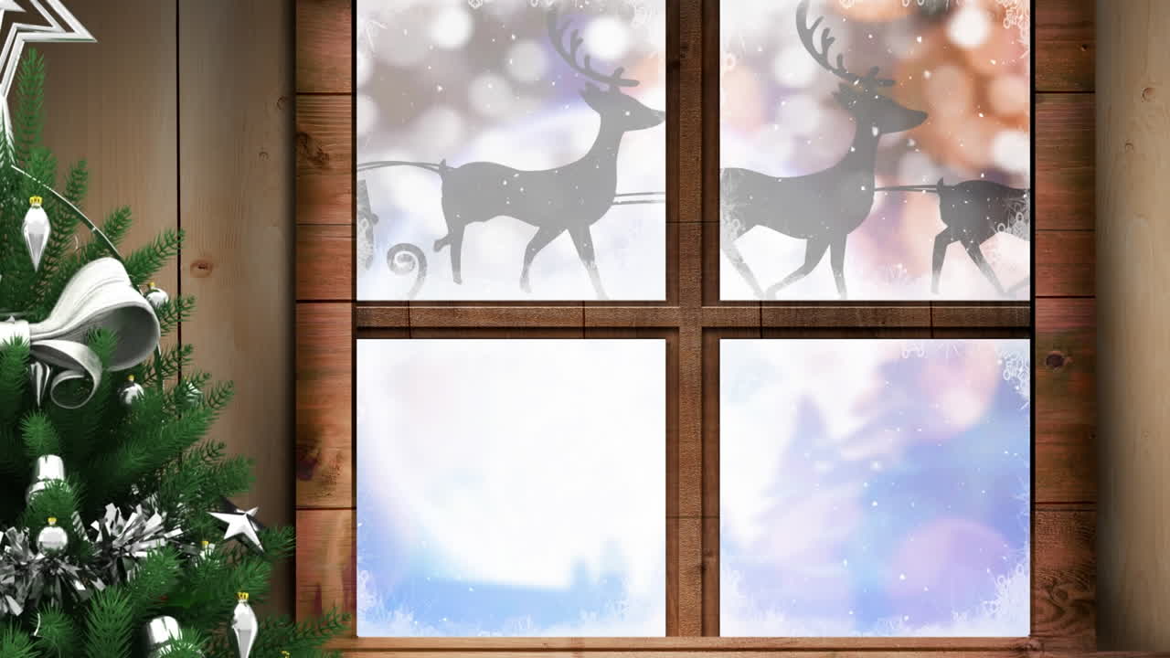 Animation af julemanden i kane med rensdyr i vinterlandskab set gennem vindue
