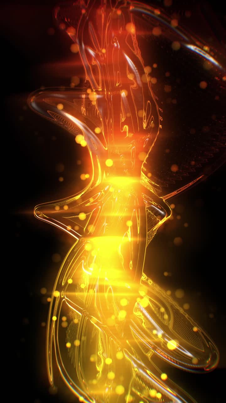 Animación abstracta vertical de una forma de energía dorada brillante con partículas, ideal para contenido de lujo o espiritual en redes sociales.