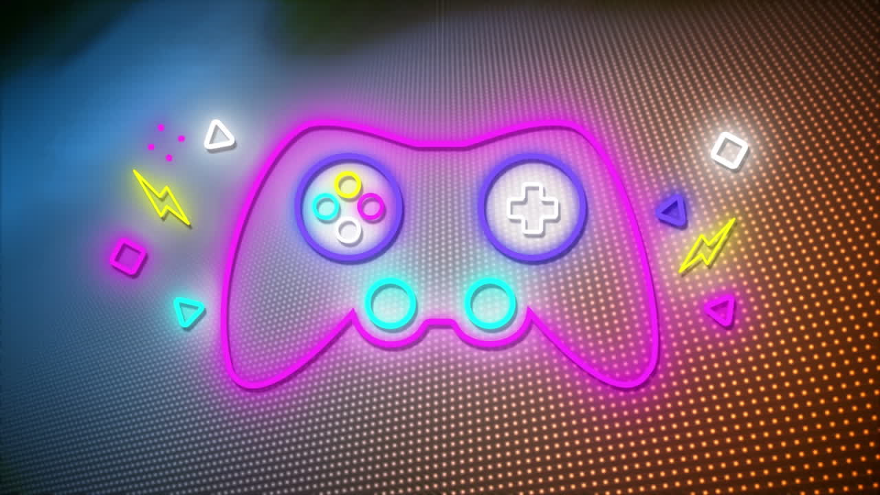 파란색과 오렌지색 배경 위에 네온 조이 패드의 애니메이션