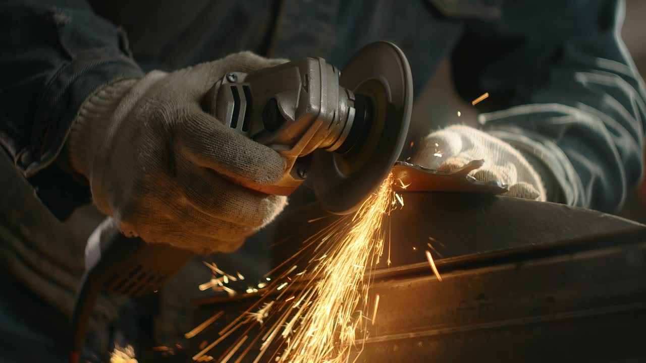 cerrajero limpia los bordes de un detalle metálico con un molinillo eléctrico con muchas chispas en cámara lenta, trabajo de metal en el taller, 4k 60p prores hq