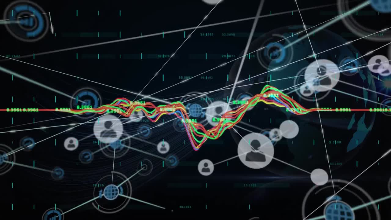 procesamiento de datos financieros y red de iconos digitales sobre un globo giratorio contra un fondo azul
