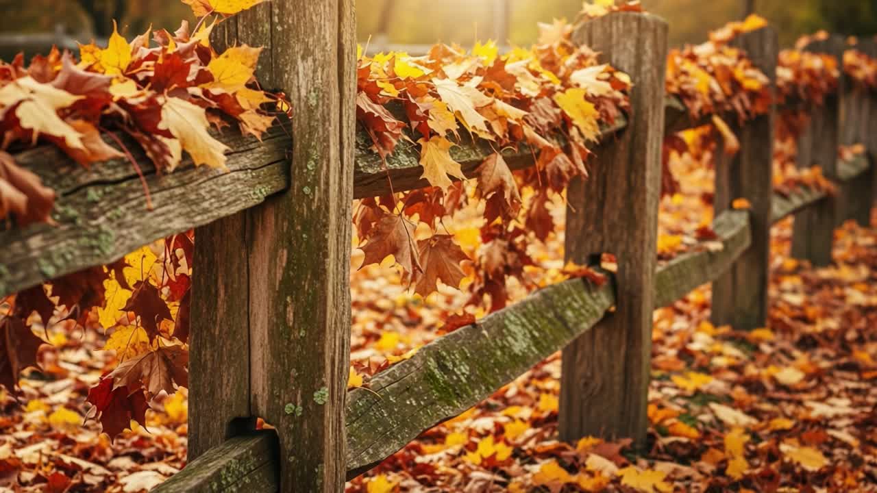 A Serene Autumn Scene Featuring a Rustic Wooden Fence Adorned with Colorful Maple Leaves, Bathed in Warm Golden Light During the Fall Season