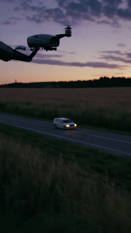 drone delivery, rural road sunset