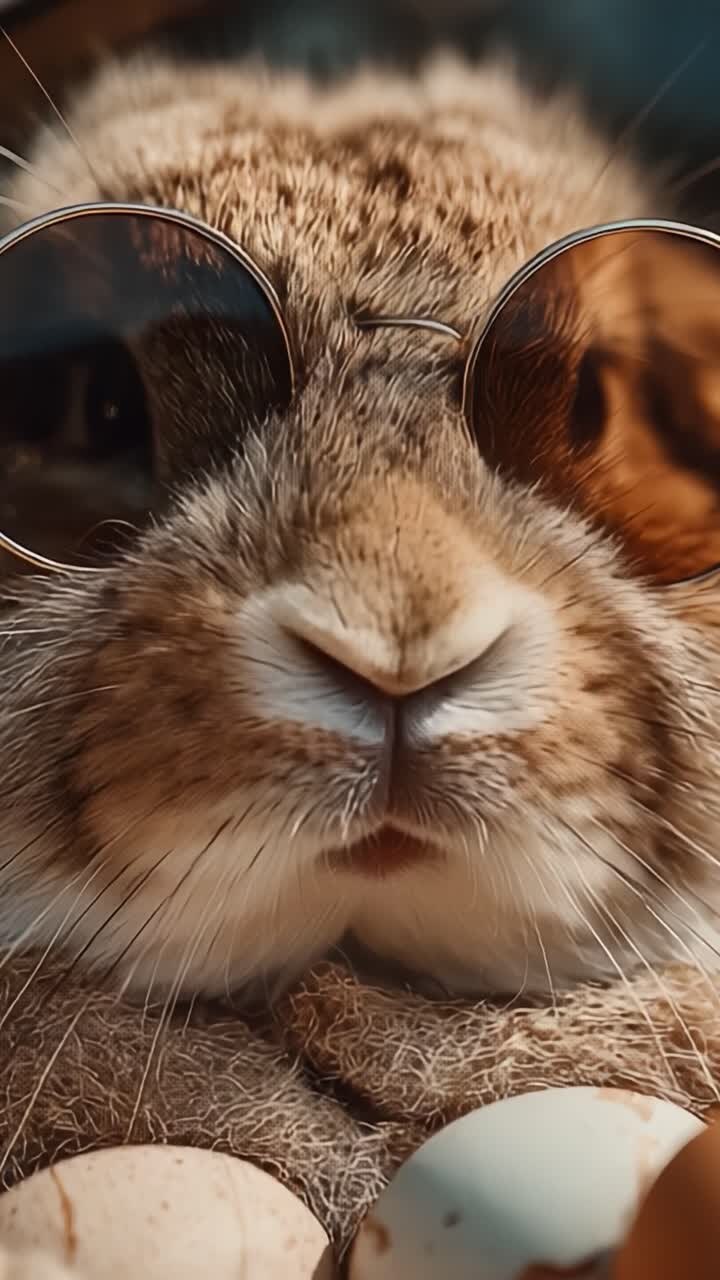 Um Retrato em Close-Up de um Coelho Estiloso Usando Óculos de Sol, Cercado por Ovos Coloridos, Capturando a Natureza Brincalhona e Encantadora Deste Animal Adorável