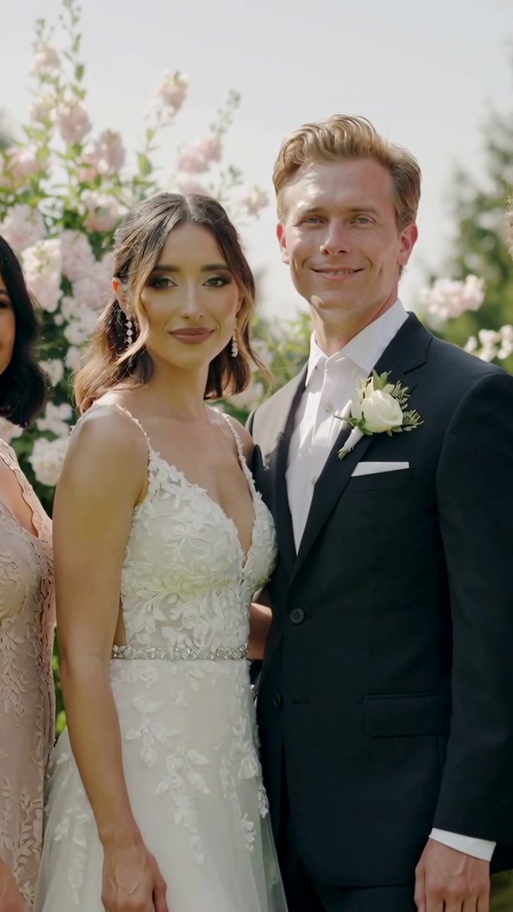 Vertical video: Camera clicking, couple posing for wedding at floral arch, wearing lace gown