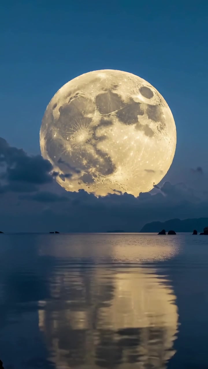 Vídeo vertical: Lua cheia nascendo, dissipando nuvens baixas sobre mar calmo, com reflexo centralizado pelas rochas.