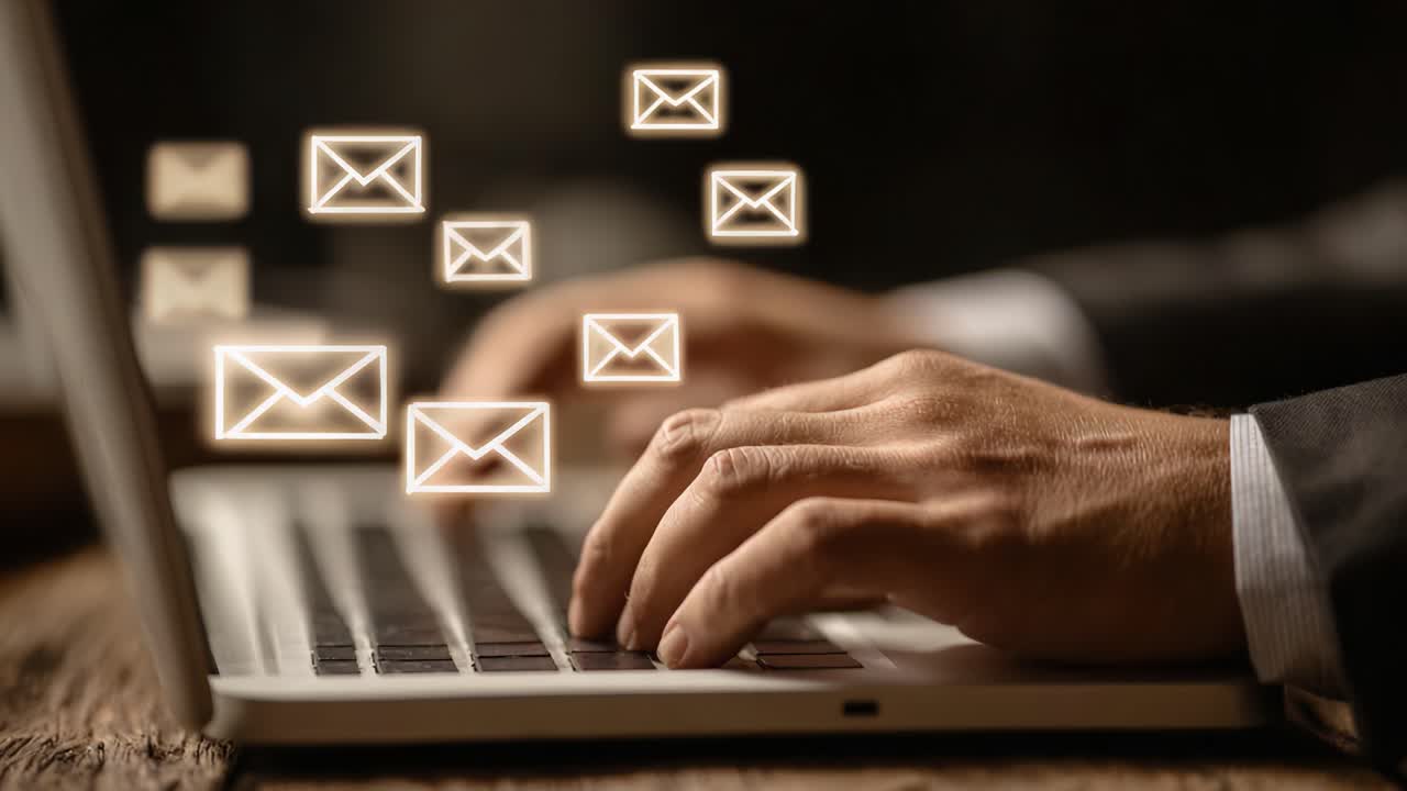 Engaging in Digital Communication: A Close-Up of Hands Typing on a Laptop Surrounded by Floating Email Icons Representing Active Messaging and Correspondence