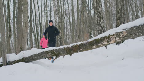 una pareja joven y saludable, positiva y hermosa, corriendo con ropa deportiva por el bosque en la soleada mañana de invierno. salta sobre el árbol, supera las dificultades del camino. pasar por encima de un obstáculo