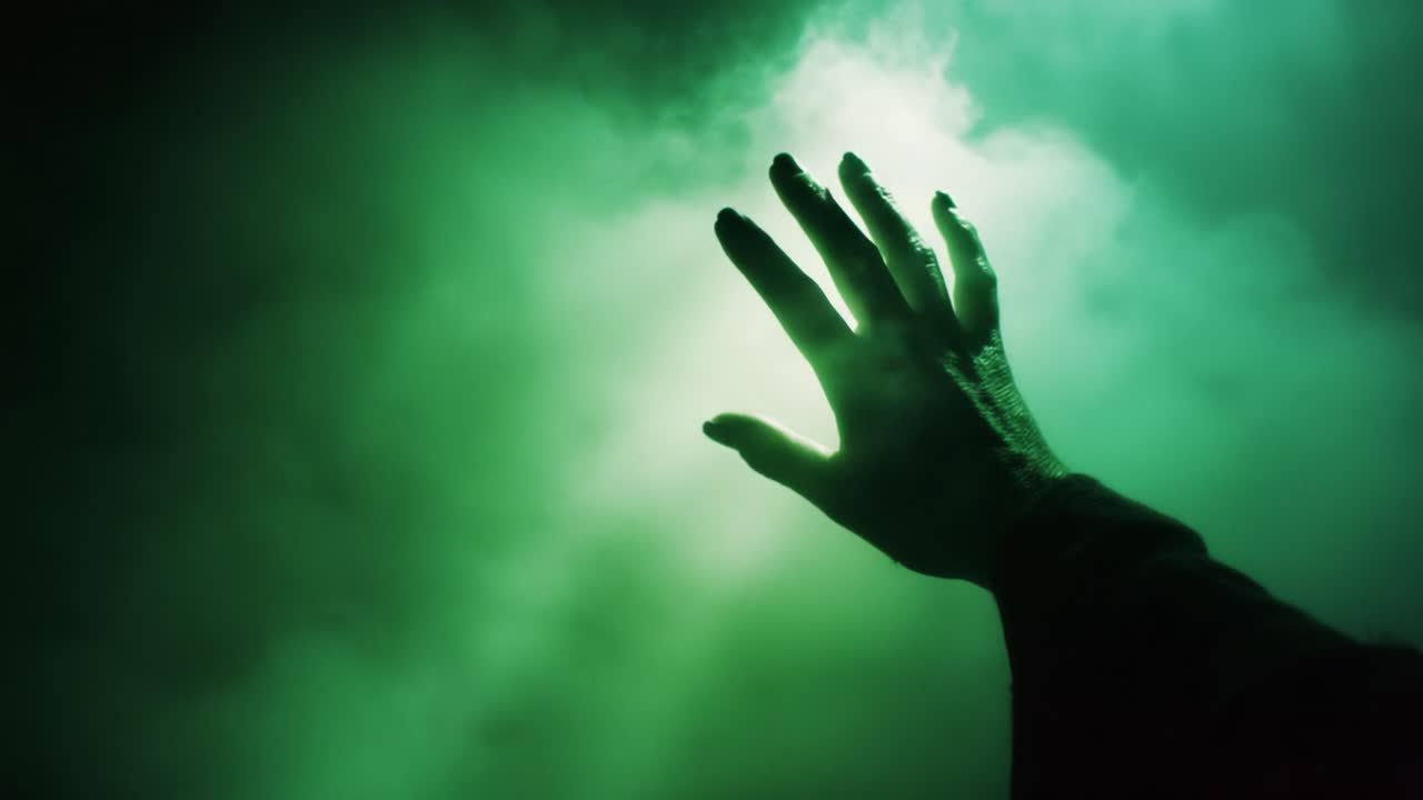 A Mysterious Journey Through Smoke: The Transformation of a Hand from Outstretched Reach to Firm Clench in Enigmatic Green Light