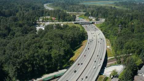 picturesque aerial view of the trans-canada highway through burnaby, metro vancouver, british columbia