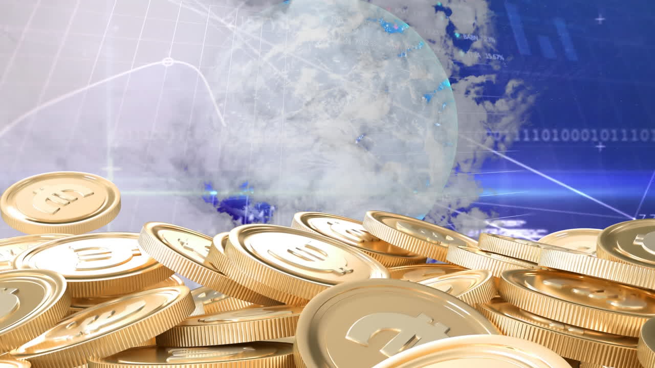 배경에는 주식 시장 디스플레이 위에 지구와 유로 통화 동전의 애니메이션이 있습니다.