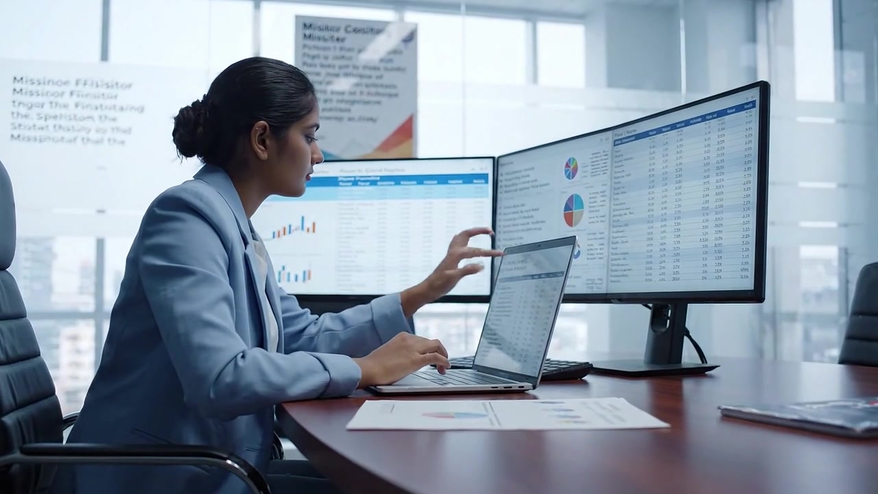 Focused professional working diligently at a desk in a modern office, analyzing data and charts displayed on multiple screens, emphasizing productivity and attention.