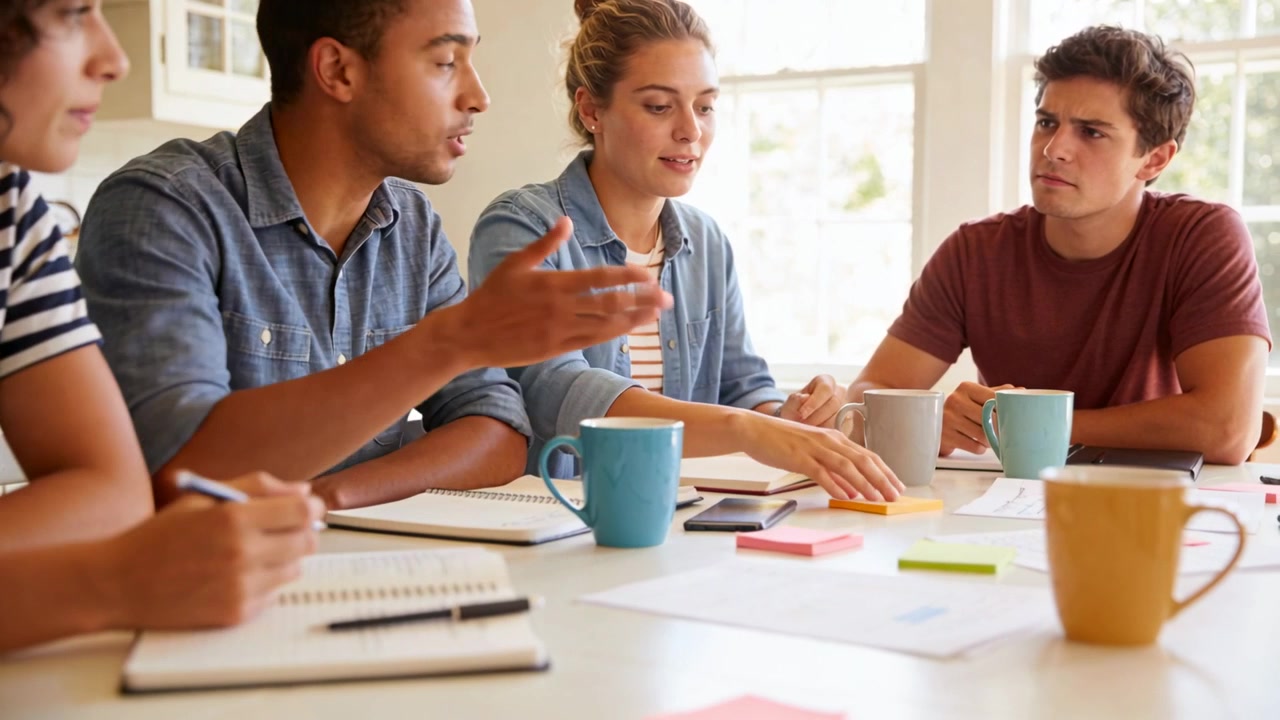 Speaking left male holding mug leading planning at study table, female in denim showing sticky note