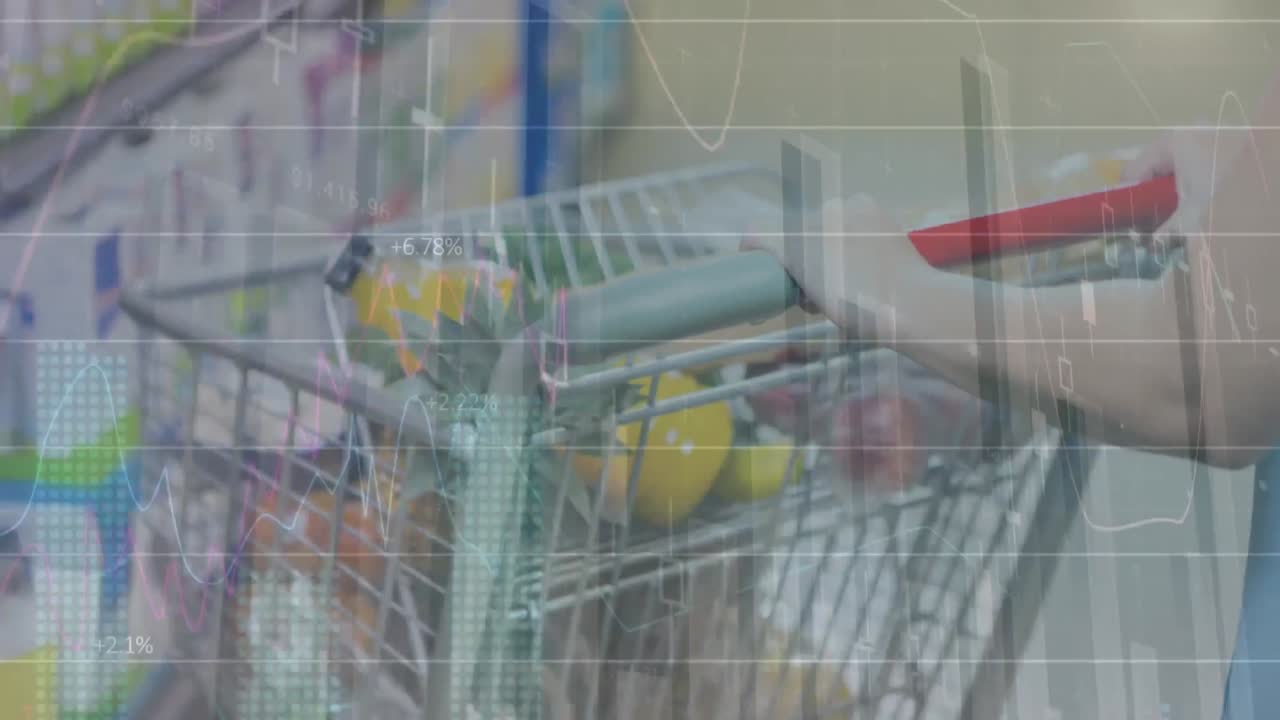 가게에서 백인 여성에 대한 데이터 처리 애니메이션