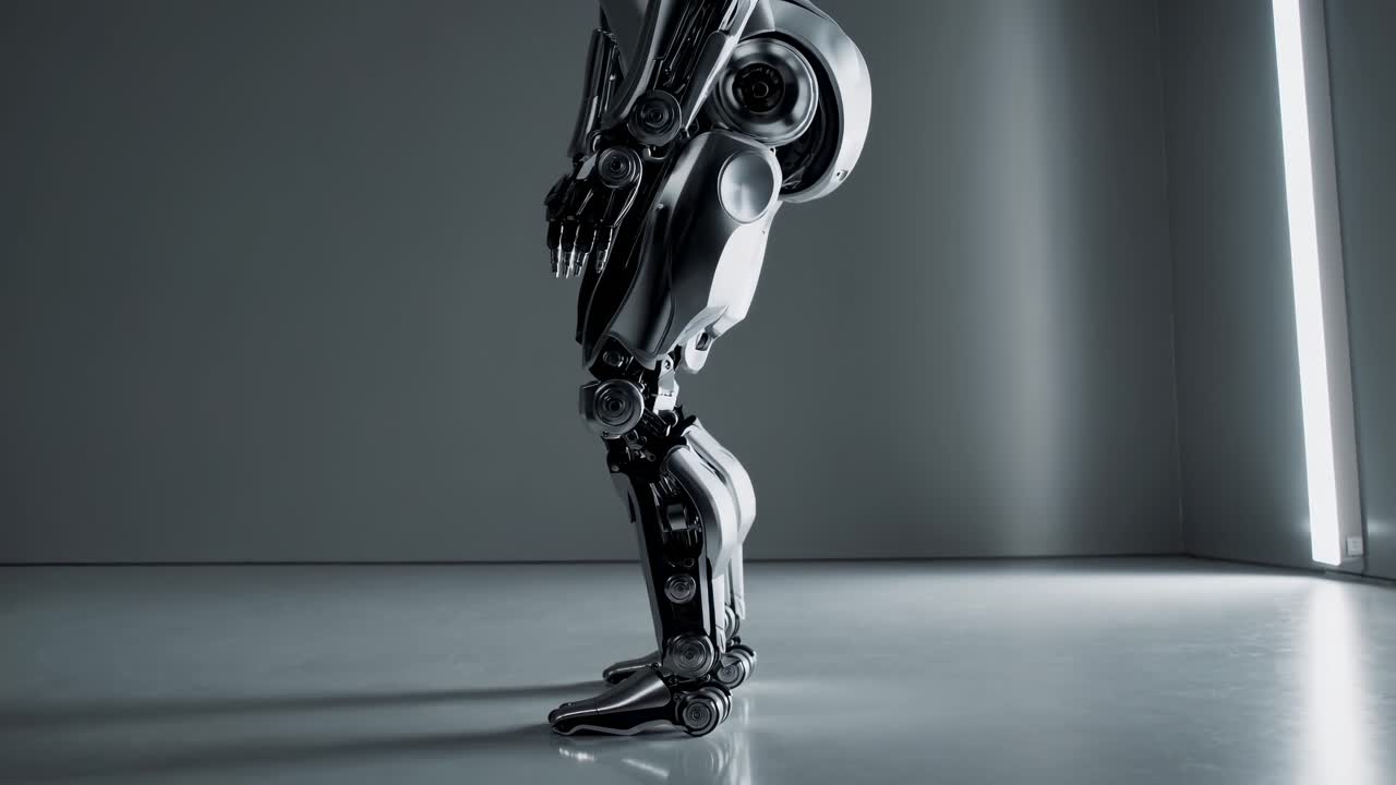Futuristic robot in a crouching pose, captured from a low side angle