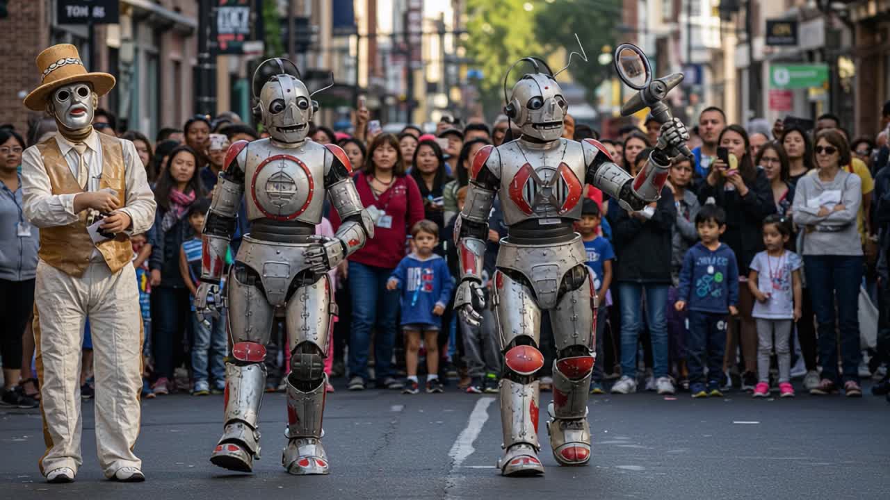 A Fascinating Street Performance Featuring Two Intriguing Robots and a Mysterious Performer Captivating a Diverse Crowd in a Bustling Urban Setting
