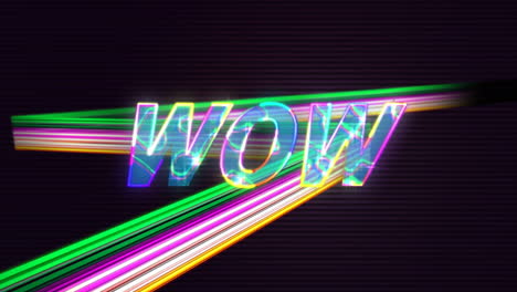 animación del texto wow en letras rosadas brillantes sobre el flash de neón