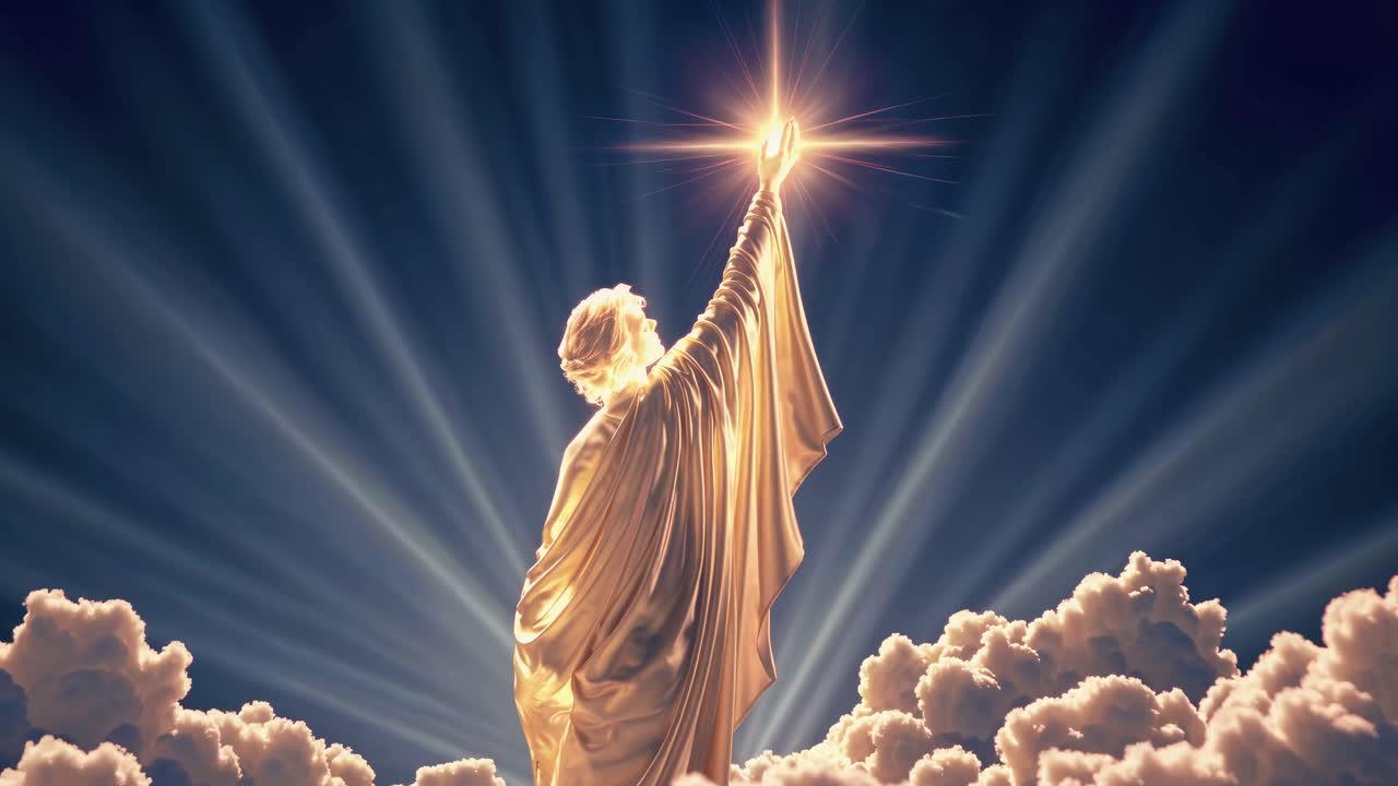 Una figura divina si erge tra nuvole radiose, ripresa da un'angolazione bassa.
