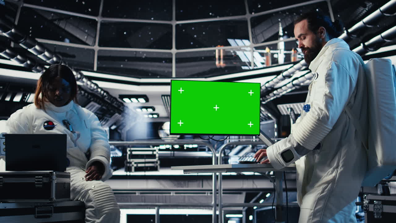 Astronauts flying together in starship, looking at isolated screen monitor