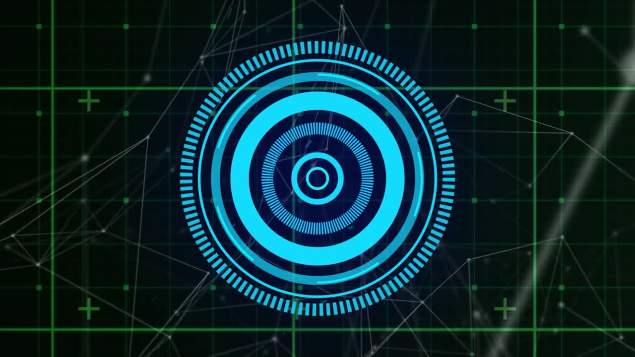 animación del escáner redondo y la red de conexiones a través de la red de red contra fondo negro