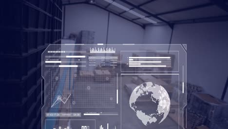 Animation-of-globes,-graphs,-loading-circles-over-high-angle-view-of-warehouse