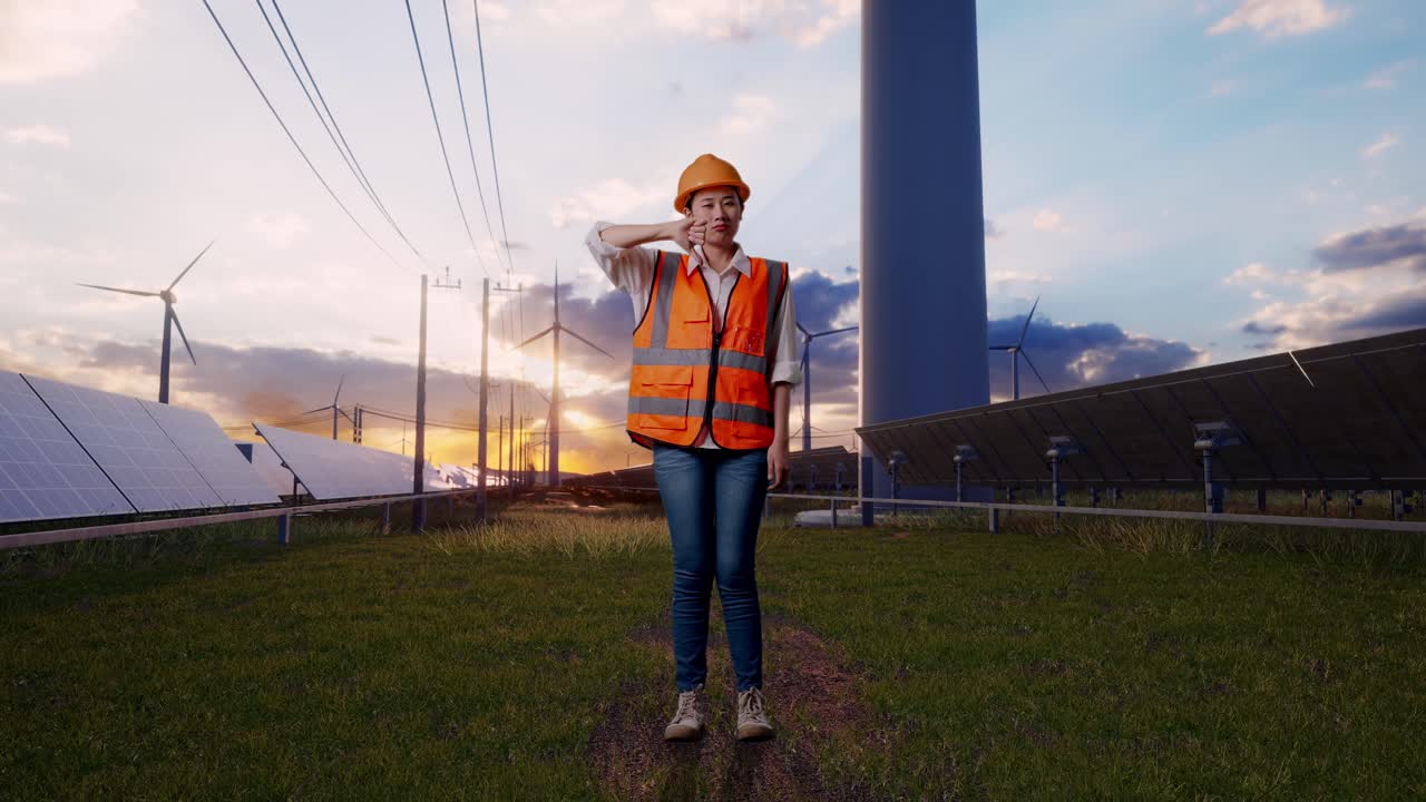 Full Body Of Asian Female Engineer With Safety Helmet Showing Thumbs Down Gesture And Shaking Her Head With Solar Panel and Wind Turbines
