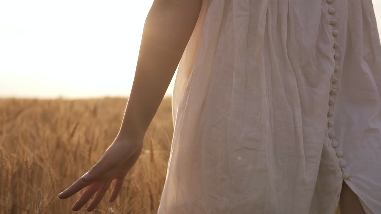 Summer day, woman in white is running through wheat in clear wide field. Sun light, daytime