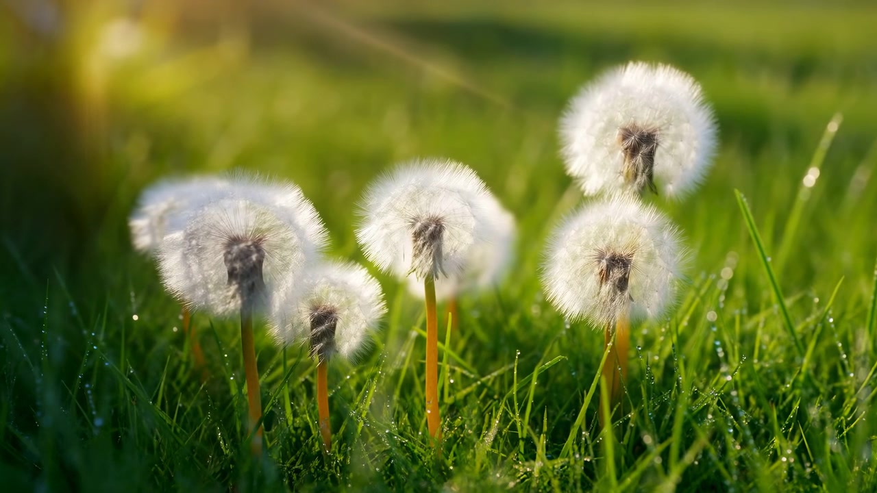 Sunlit Dandelion Seed Heads In Grass, Golden Hour Backlight, Morning Dew On Blades, Closeup Macro Framing,