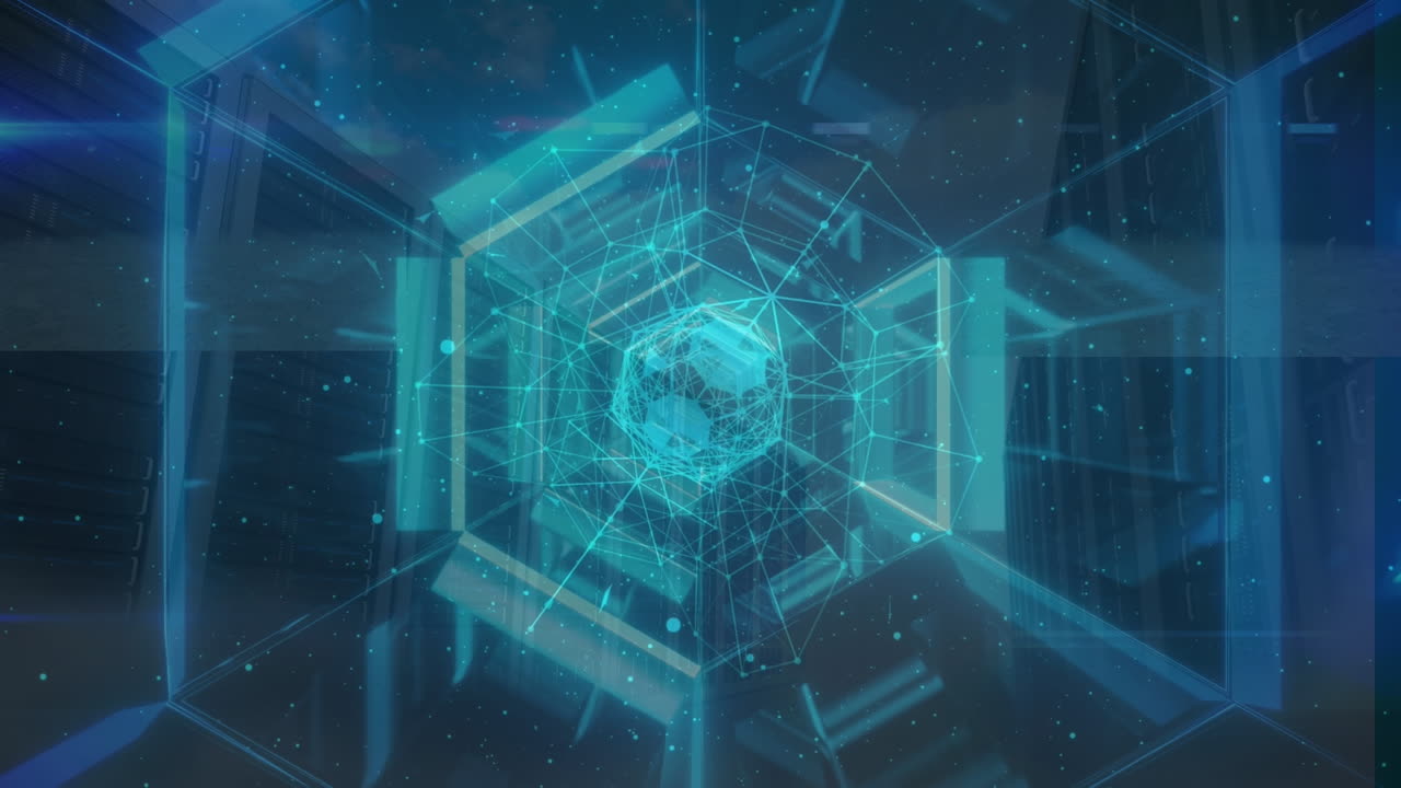 파란색과 검은색의 움직이는 공간에서 회전하는 블록의 애니메이션