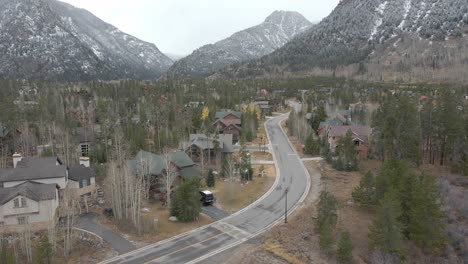 aerial view of a mountain community with cloudy, snowy conditions