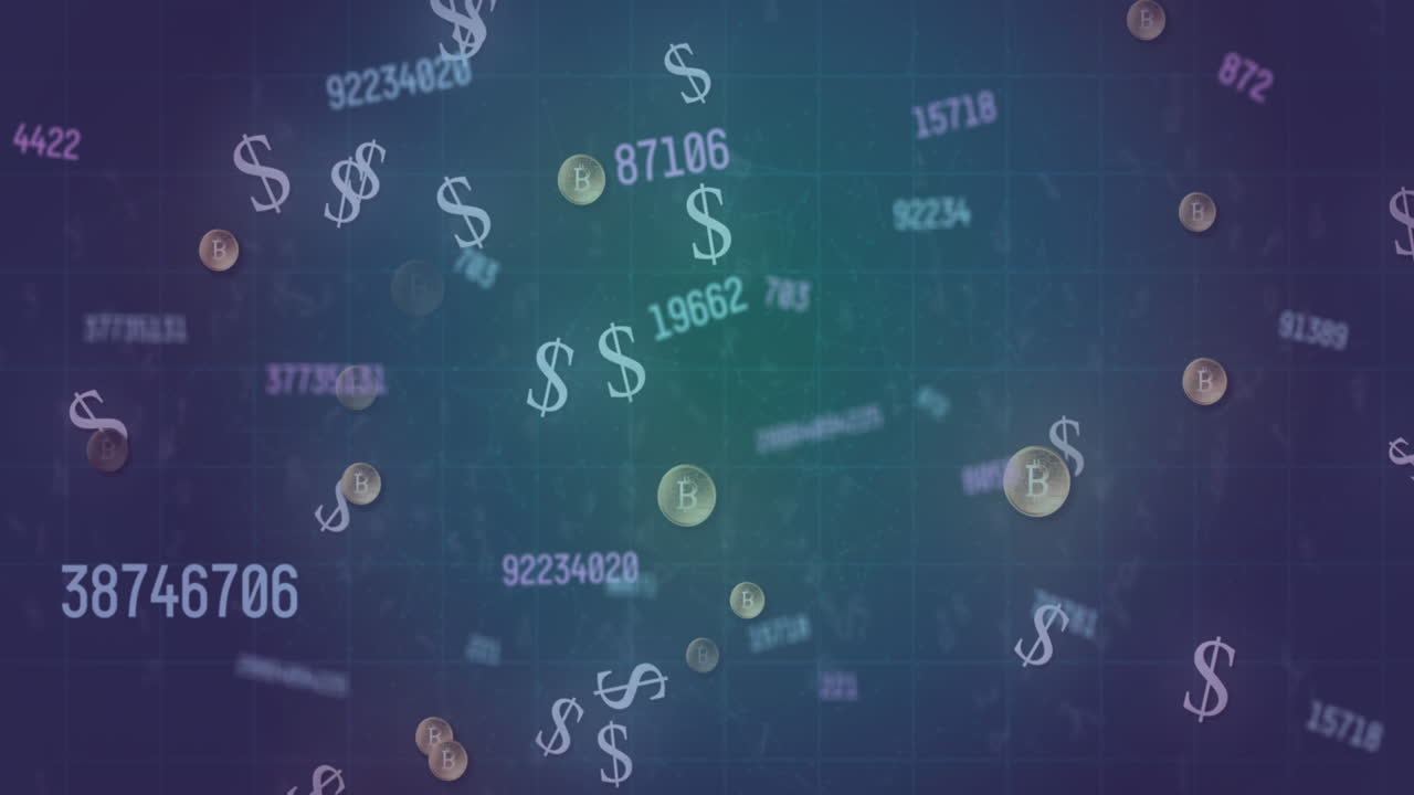 animación de números cambiantes sobre símbolos de dólares y bitcoins contra un fondo abstracto