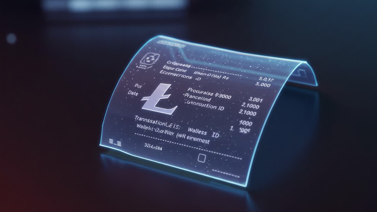 A futuristic digital payment receipt, showcasing a holographic display detailing transaction information, date, wallet ID, and other financial details in a sleek, modern design
