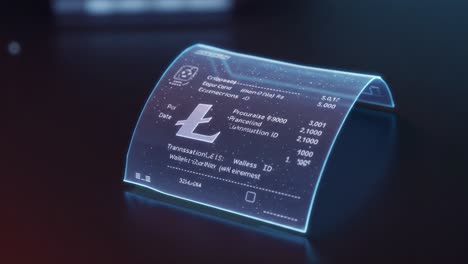 a futuristic digital payment receipt, showcasing a holographic display detailing transaction information, date, wallet id, and other financial details in a sleek, modern design