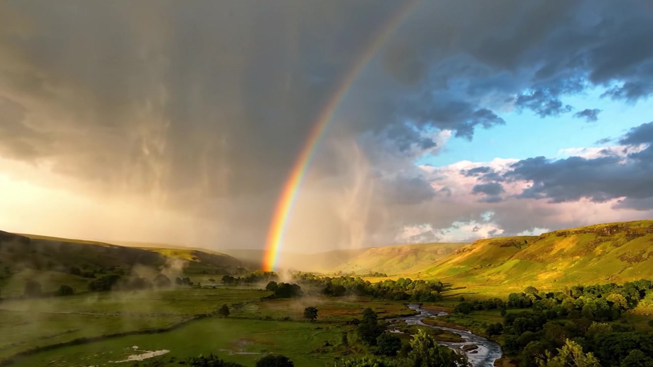 A Stunning Rainbow Arcing Over a Vibrant Landscape at Dusk with Dramatic Clouds and Reflections, Capturing Nature's Splendor in a Serene Valley Setting