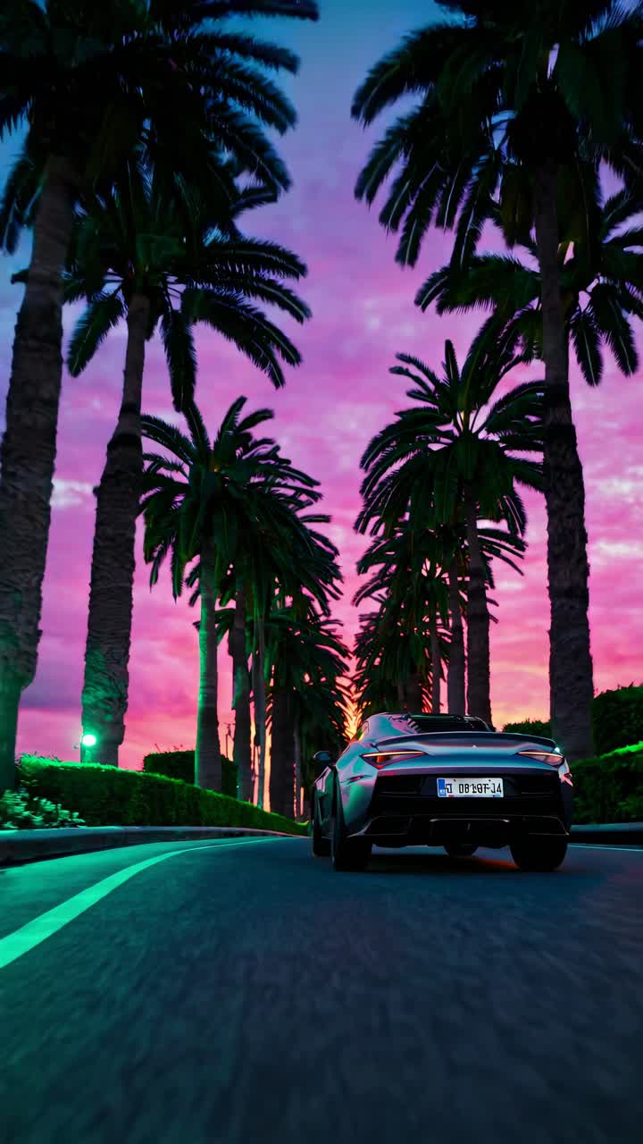 Low-angle shot of a sleek sports car under palm trees at sunset, creating a cinematic video vibe